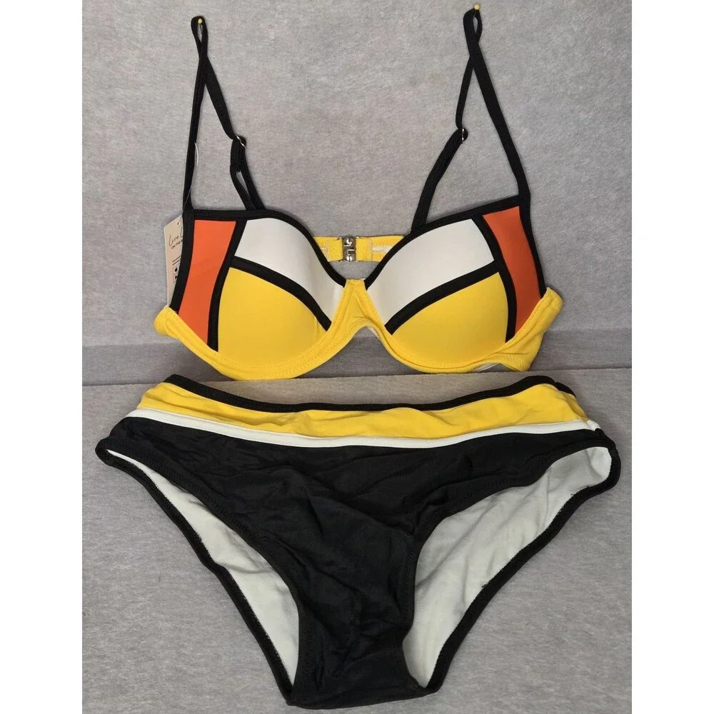 CUPSHE Colorblock Bikini Swim. Sz M Womens Orange Blk Yellow Padded Two Pc NWT